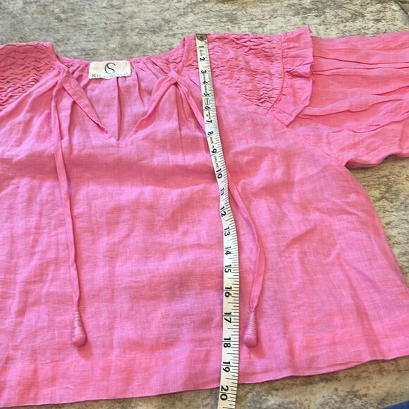 Anthropologie self contrast, pink linen, Pink Smocked Puff Sleeve Top size large - Picture 7 of 7